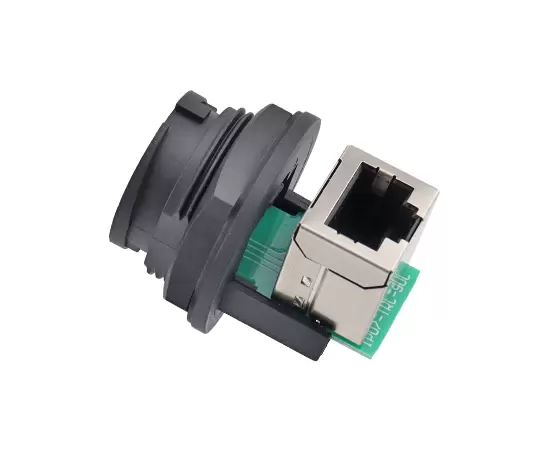 E16 RJ45 «мама-мама» (90°) с задним креплением (байонет)